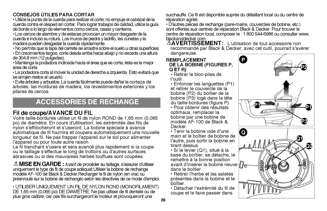 Black & Decker LST136 Accessories DE RECHANGE, Consejos Útiles Para Cortar, Remplacement, DE LA BOBINE figures P Et R 